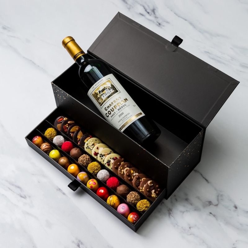 Chest of selections Chest of selections, wine, champagne or liquor with an assortment of chocolate bonbons, truffles and mediants