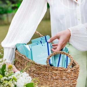 Christenings blue boxes in a basket