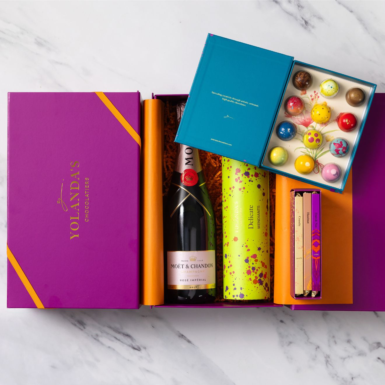 Purple Celebration Hamper Chocolate Hamper with Truffles, Chocolate Bars, Bonbons and Rose Champagne